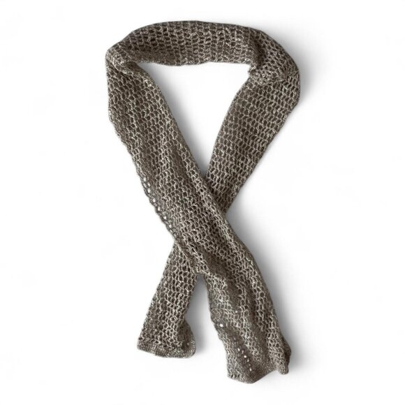 Handmade Open Knit Skinny Scarf  | Neutral Taupe Boho Y2K - Picture 4 of 4